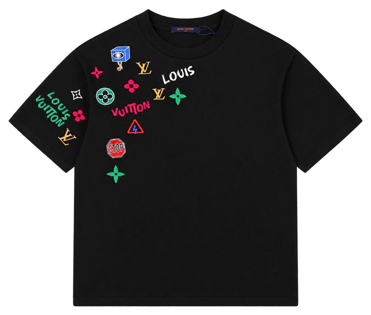 Camiseta Oversize Negra con Bordados Multicolor "Patch Collage" — Calidad Premium