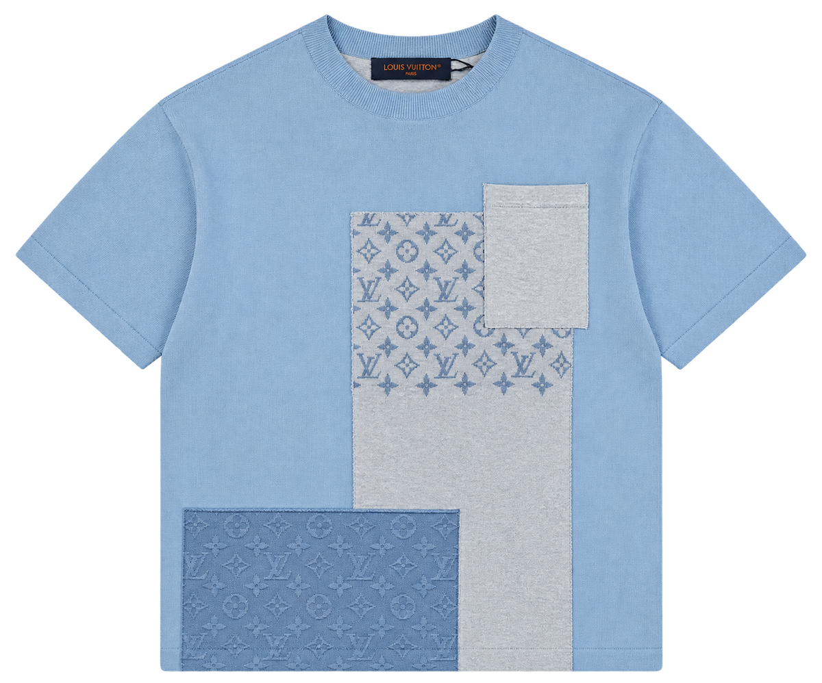 Camiseta Oversize Azul con Panel Patchwork Monograma — Calidad Premium