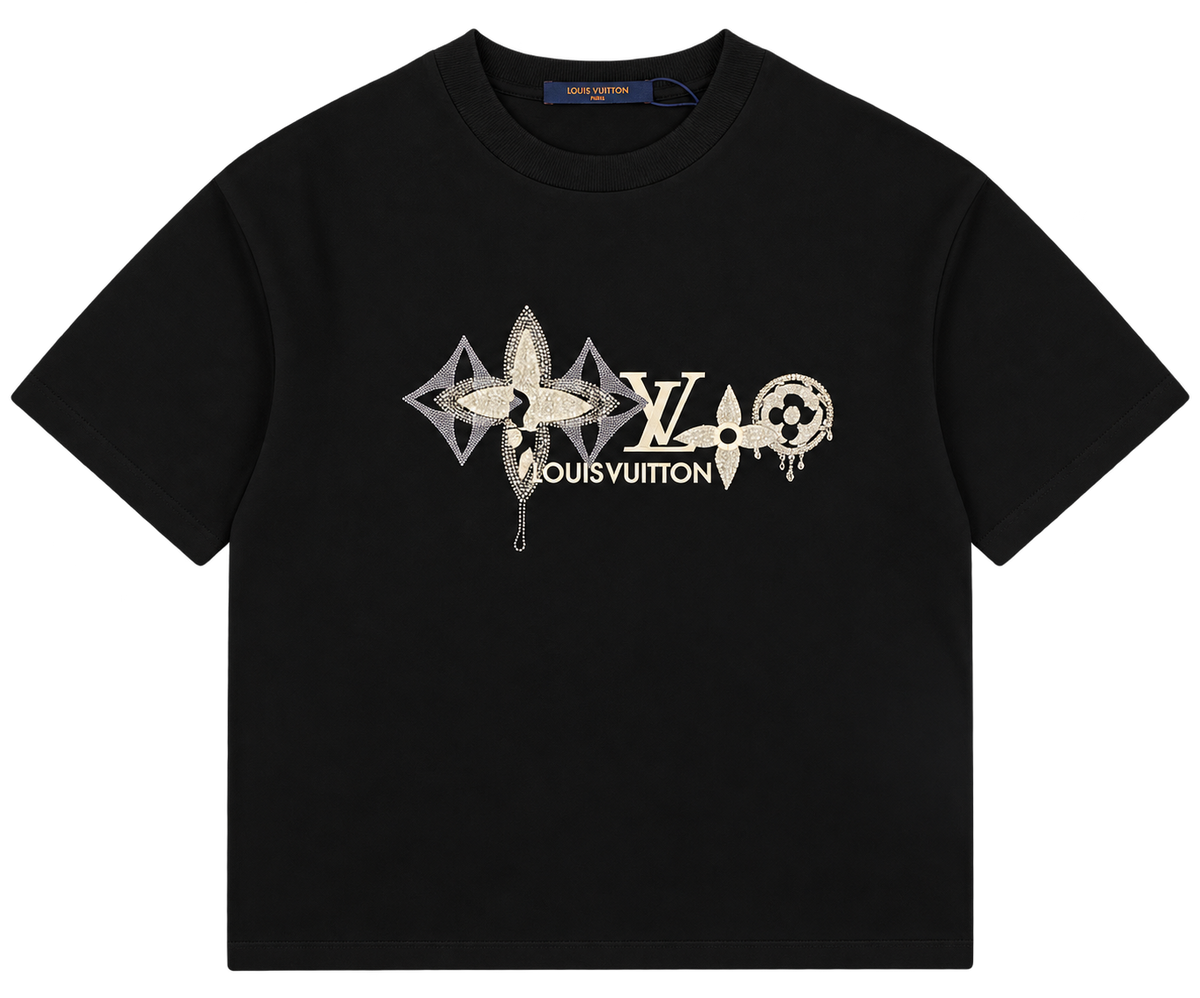 Camiseta Oversize Negra con Print Cristalizado "Jewel Monogram" — Calidad Premium