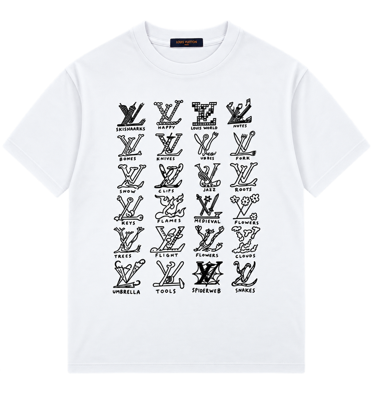 Camiseta Blanca con Print "Alfabeto de Íconos" — Calidad Premium