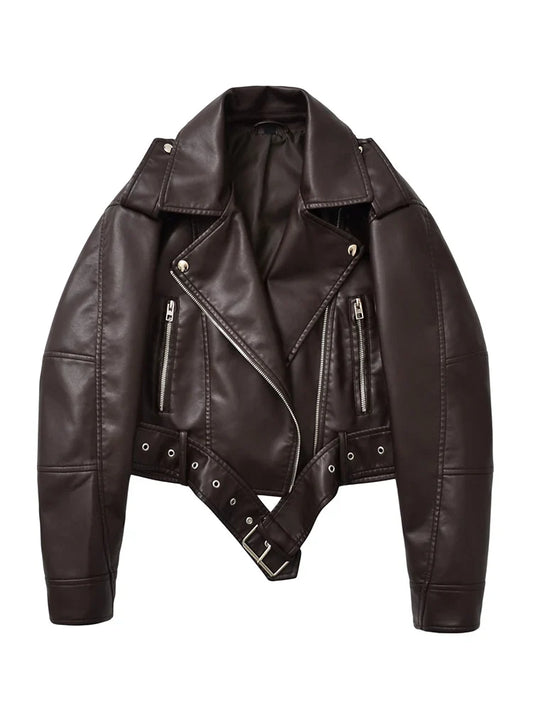Vintage Belted Moto Faux Leather Jacket
